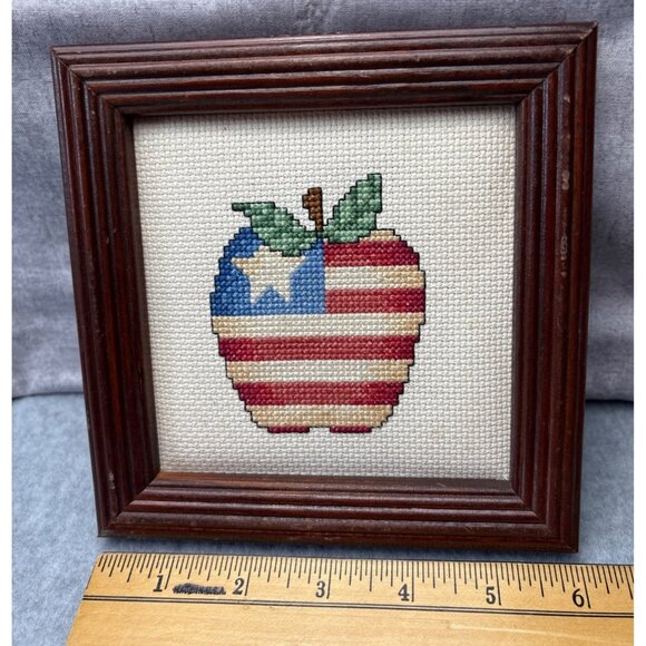 Patriotic Apple Cross Stitch Wall Decor Framed Wood 6"x6" Handmade Rustic Americ - Picture 4 of 14